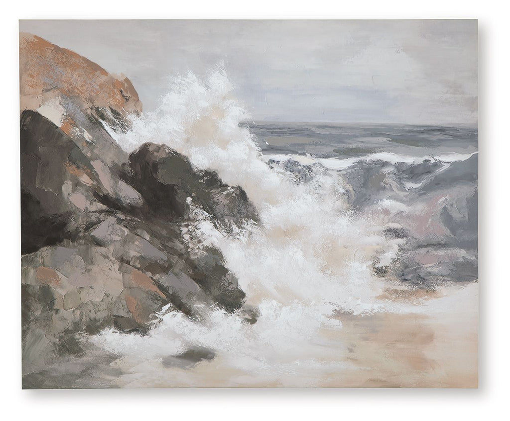 Abstract wall art canvas with tan, gray, and white rocky shoreline strokes
