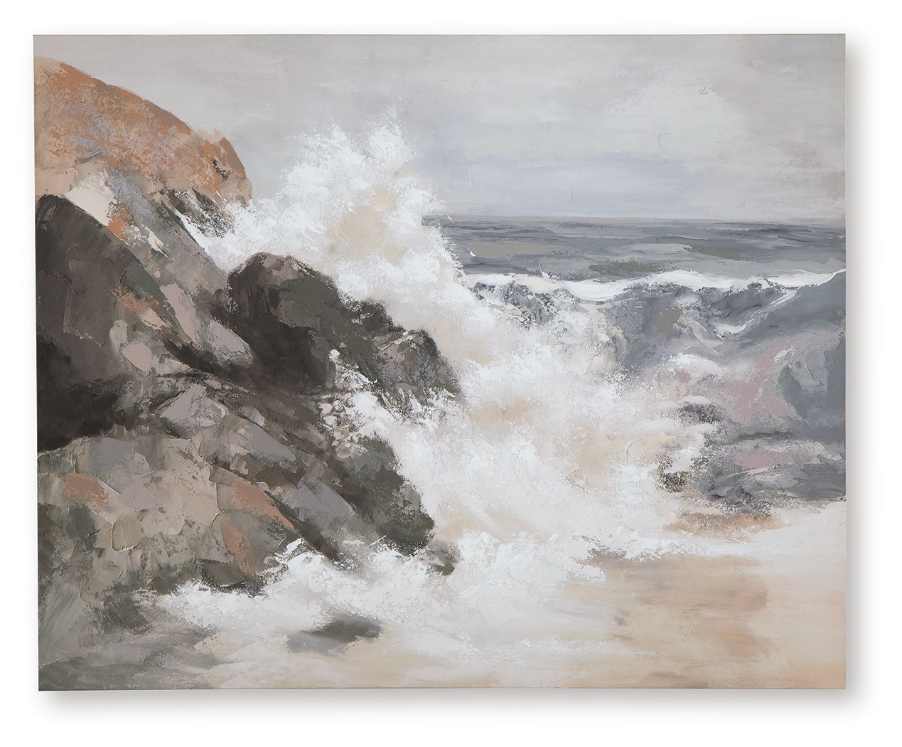 Abstract wall art canvas with tan, gray, and white rocky shoreline strokes