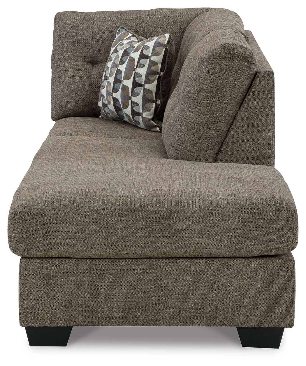 Chocolate-brown corner chaise seat with rounded arm and tufted back, plus patterned cushion