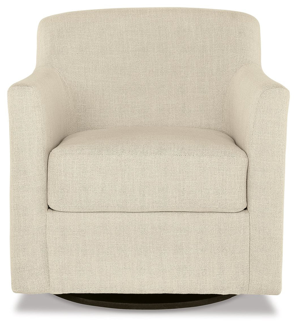 Cream swivel accent chair with padded seat, rounded back, and dark base