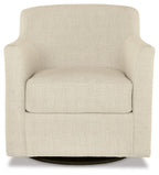 Cream swivel accent chair with padded seat, rounded back, and dark base