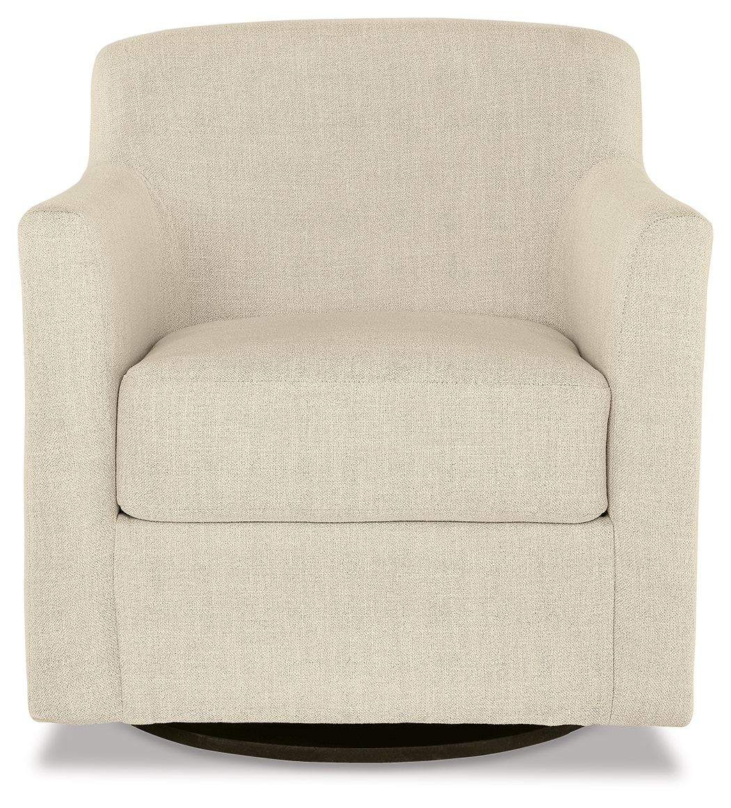 Cream swivel accent chair with padded seat, rounded back, and dark base