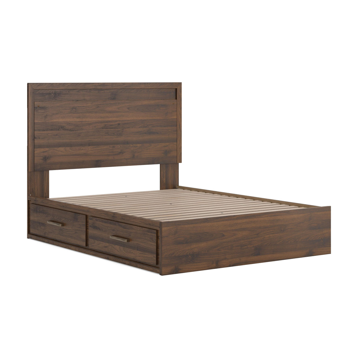 Light brown panel storage bed frame with slatted base and two front drawers