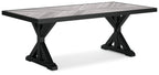 Rectangular dining table with black frame and light gray textured top