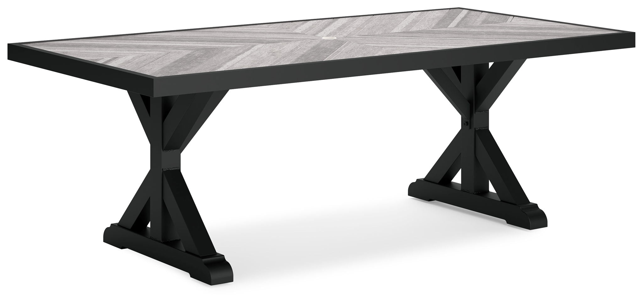 Rectangular dining table with black frame and light gray textured top