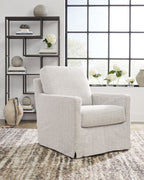 Light beige upholstered swivel glider accent chair with thick back cushion and arms