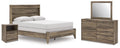 Elbrim panel bedroom set in dark brown: bed, nightstand, dresser, and mirror