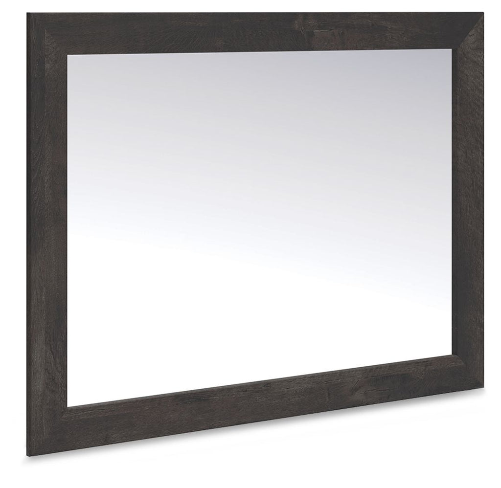Dark gray bedroom mirror with rectangular frame and glass reflection