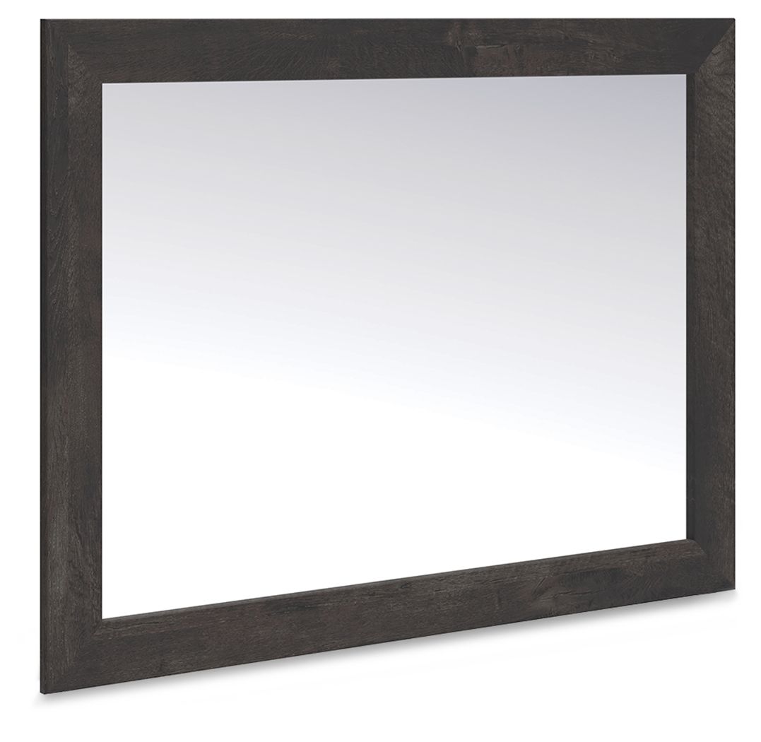 Dark gray bedroom mirror with rectangular frame and glass reflection