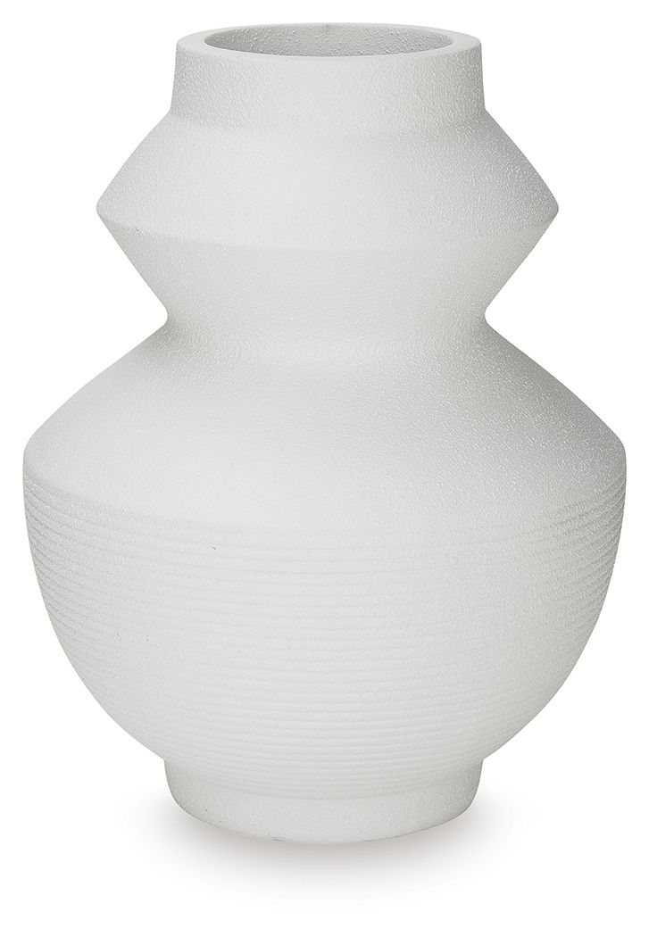 White ceramic vase with hourglass silhouette and ribbed body