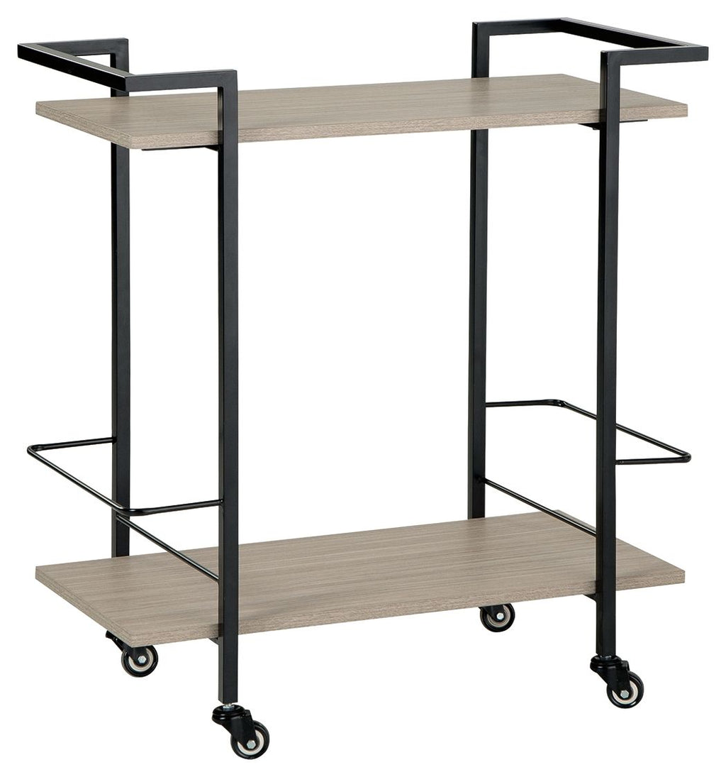Bar cart with dark brown metal frame, light wood shelves, side bottle rack, caster wheels