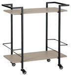 Bar cart with dark brown metal frame, light wood shelves, side bottle rack, caster wheels