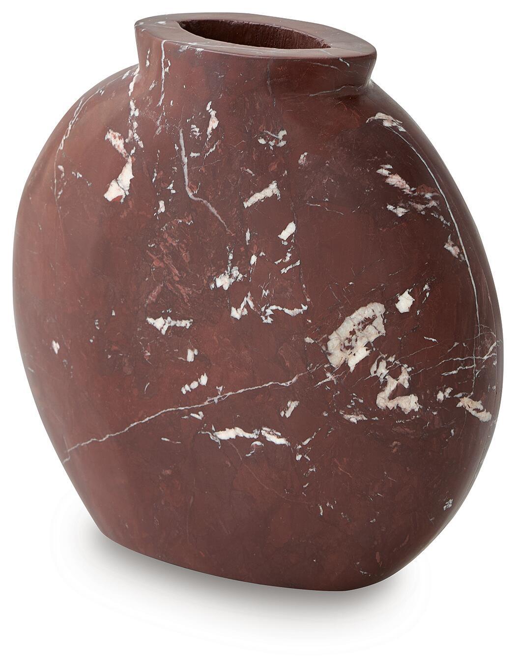 Dark red-brown ceramic vase with white distressed spots, wide round shape