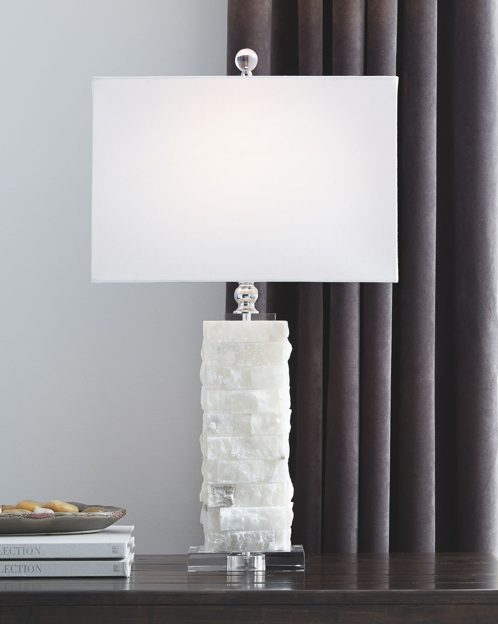 White alabaster table lamp with rectangular drum shade over silver-toned base