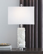 White alabaster table lamp with rectangular drum shade over silver-toned base