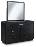 Black dresser with square mirror and three top drawers, six lower drawers