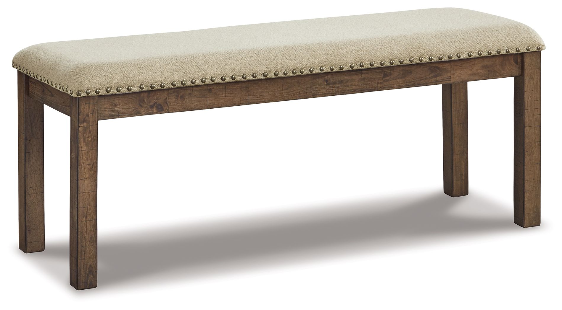 Beige upholstered bench with tufted top and nailhead trim on dark wood legs