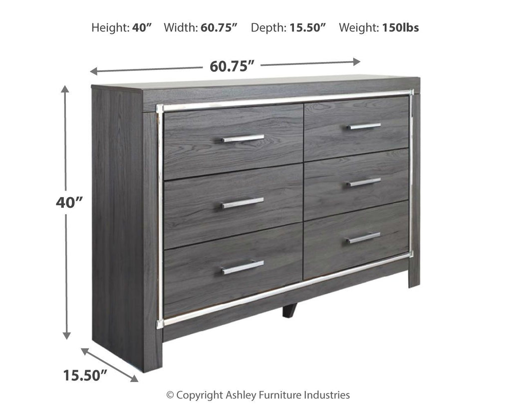 Gray dresser with mirror, six drawers, chrome bar pulls, angled feet, silver frame