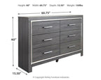 Gray dresser with mirror, six drawers, chrome bar pulls, angled feet, silver frame