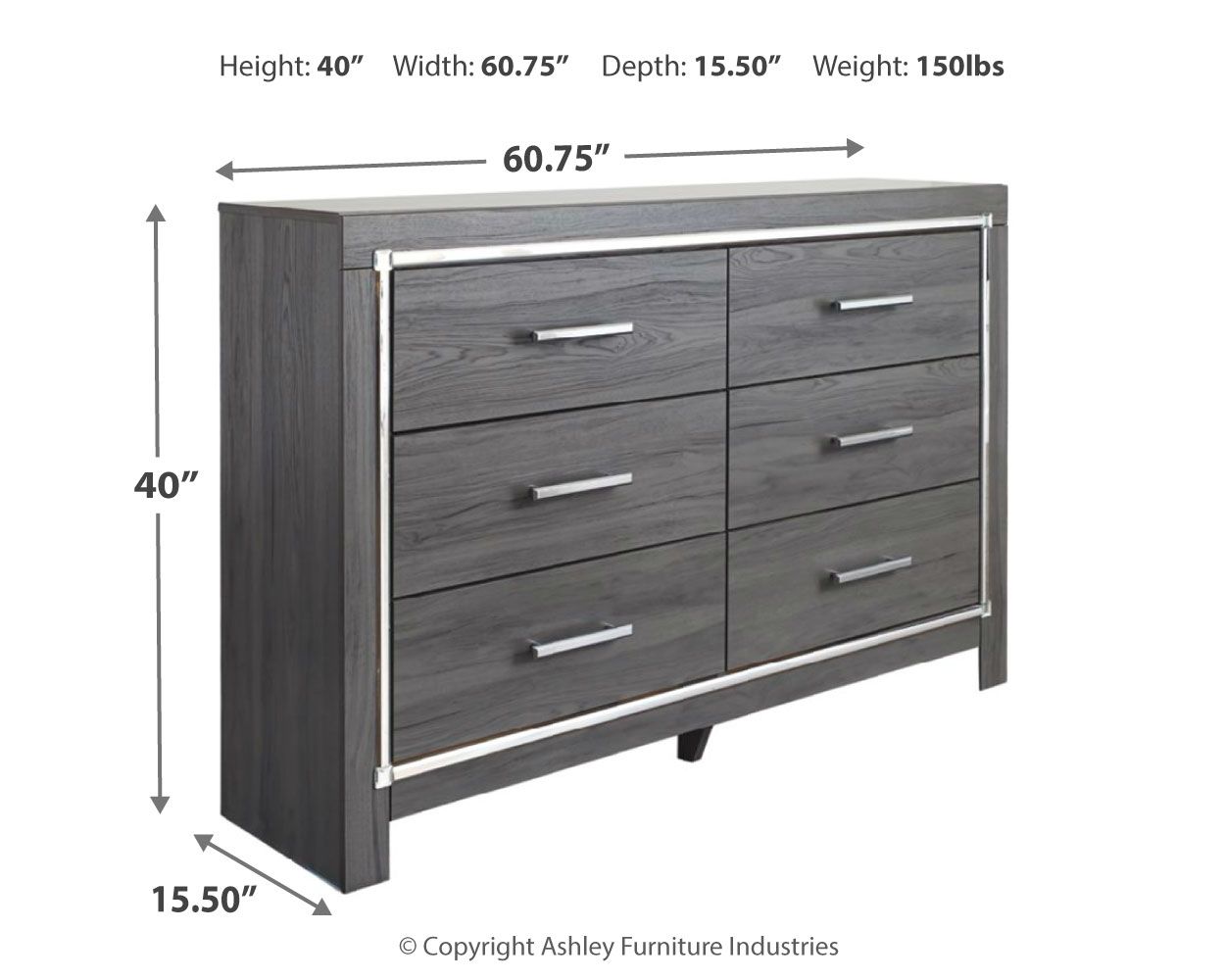 Gray dresser with mirror, six drawers, chrome bar pulls, angled feet, silver frame