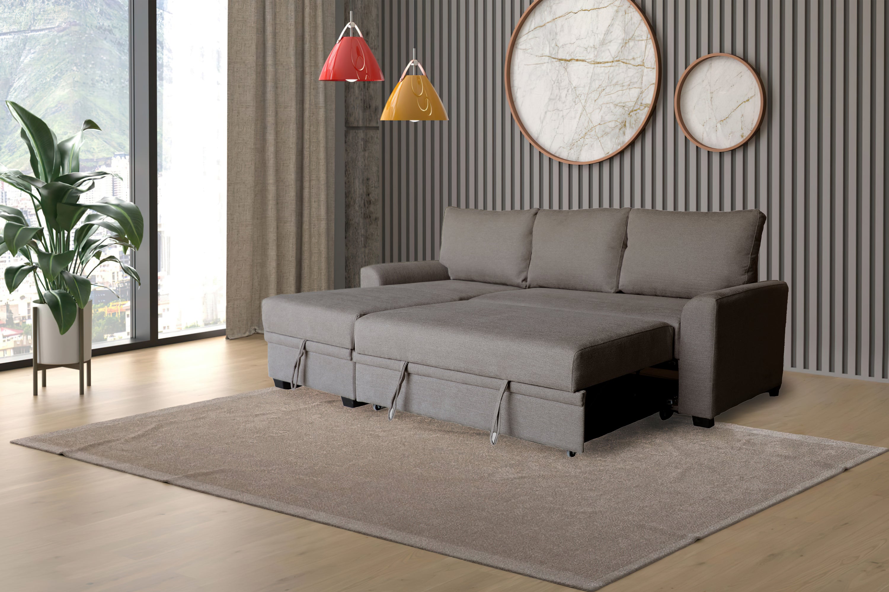 Brown Flannel Sleeper Sectional w/ Storage Chaise Namir 90.5"