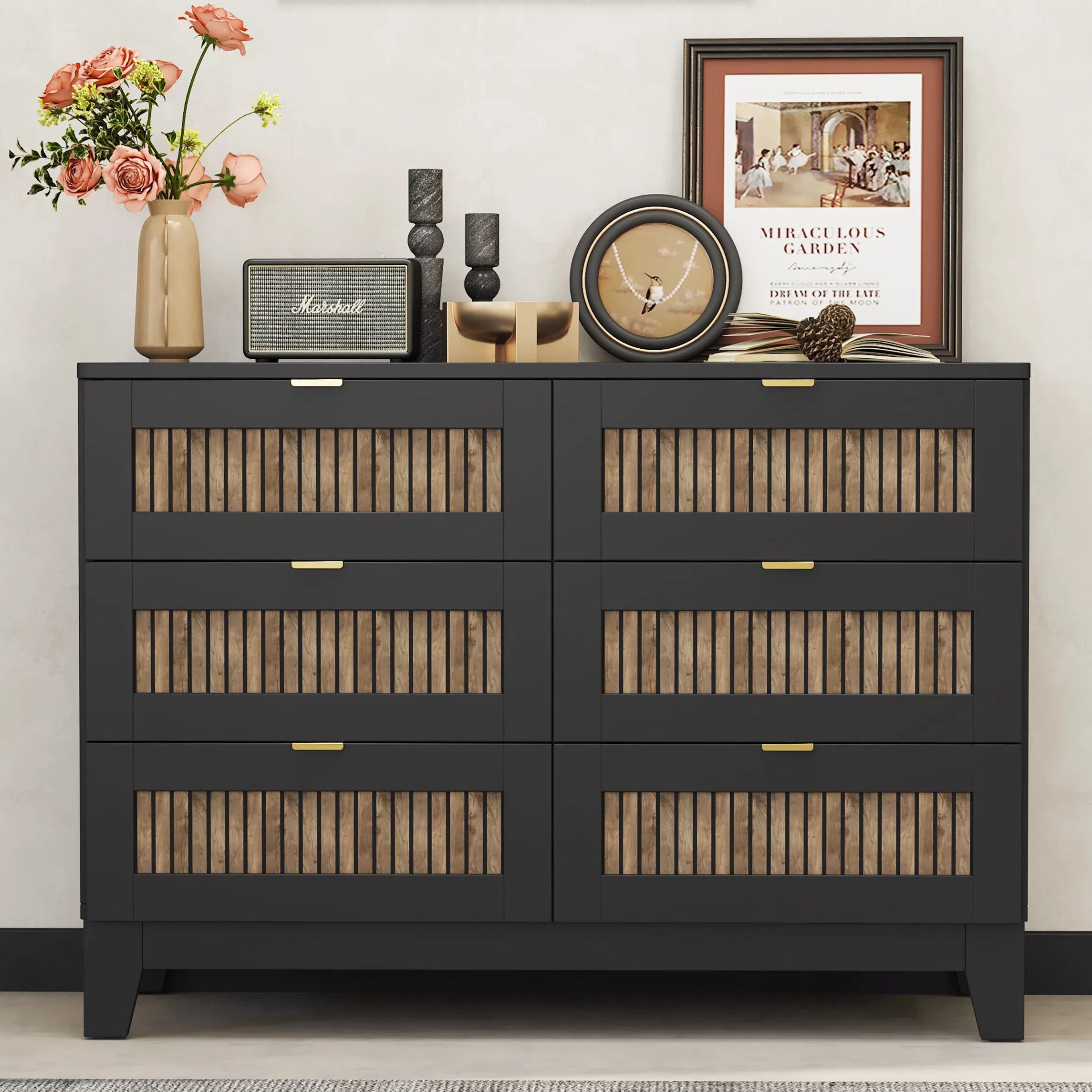Rustic Farmhouse Black 6-Drawer Bedroom Dresser Cabinet