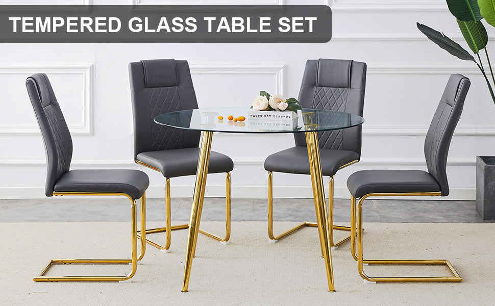 Round Glass Dining Table & 4 Gray Chairs Set