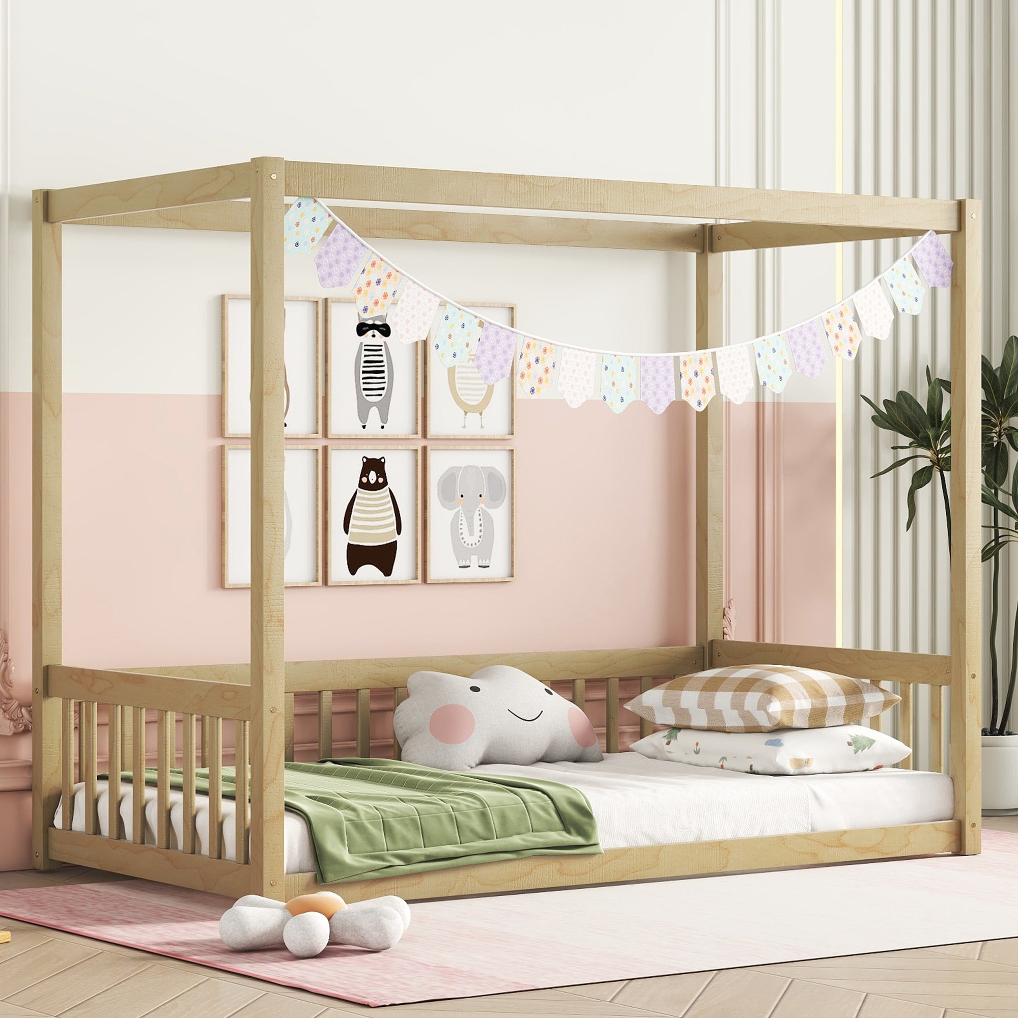Natural Twin Canopy Floor Bed Frame with Guardrails & Fence
