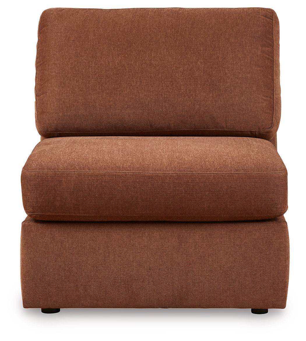Spice armless chair with tall back and padded seat, brown upholstered fabric