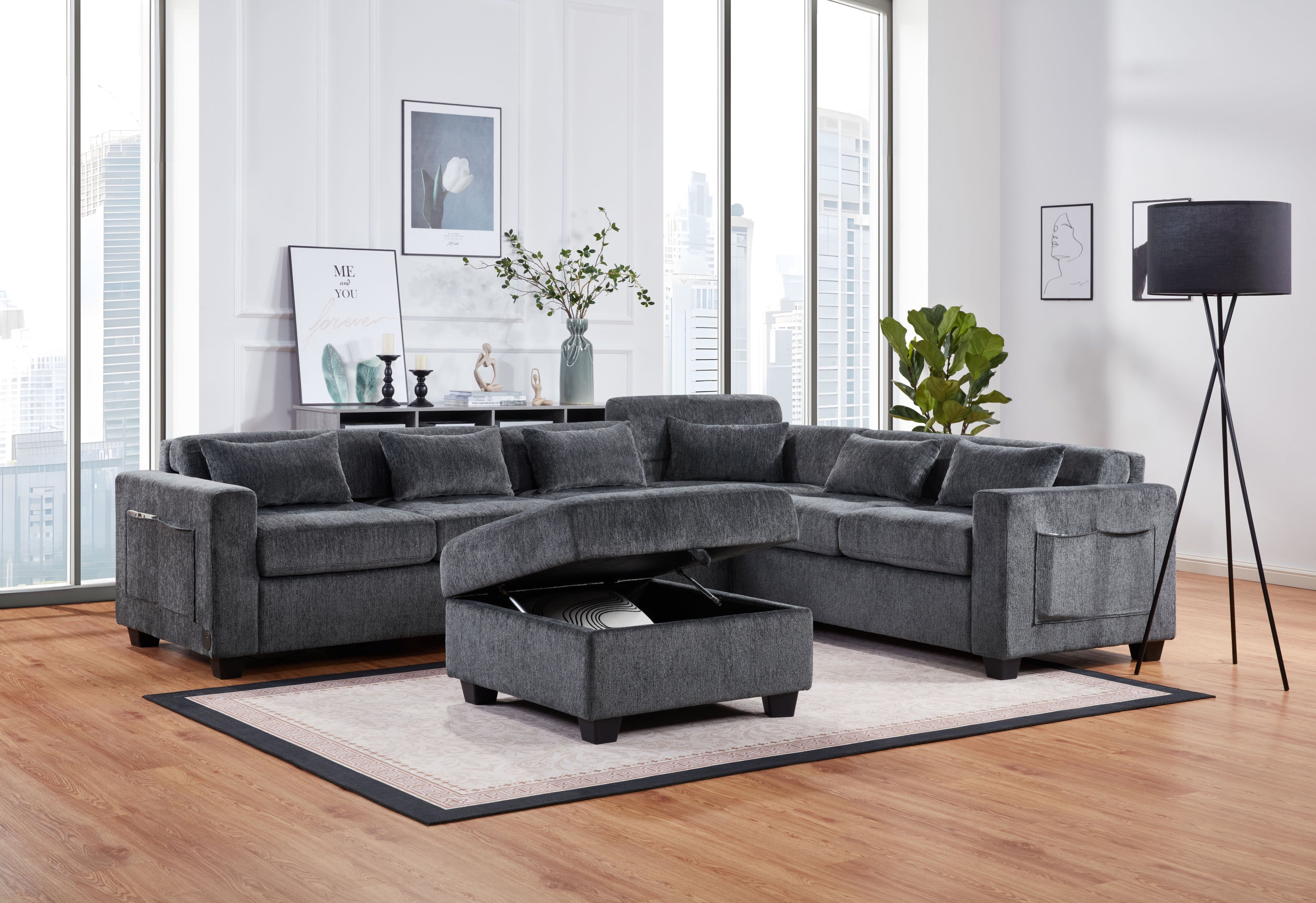 Trey Gray Chenille Sectional Sofa - USB, Storage, Adj Back