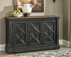 Dining room server with three X-paneled doors, dark gray/black finish, wood top.