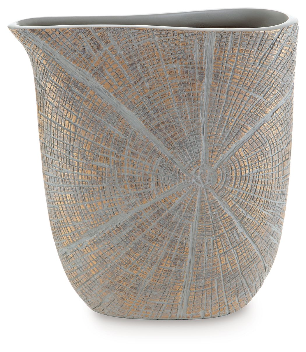 Blue-gray vase with radial mosaic lines and wide rounded top opening