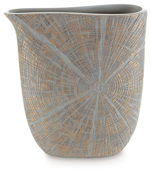 Blue-gray vase with radial mosaic lines and wide rounded top opening
