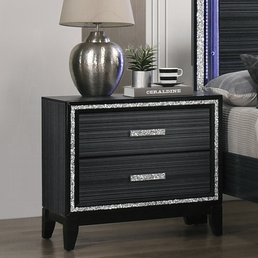 Contemporary Black Nightstand - 2 Drawer Wood Silver Trim