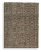 Geometric area rug in dark brown with light beige motifs and patterned border