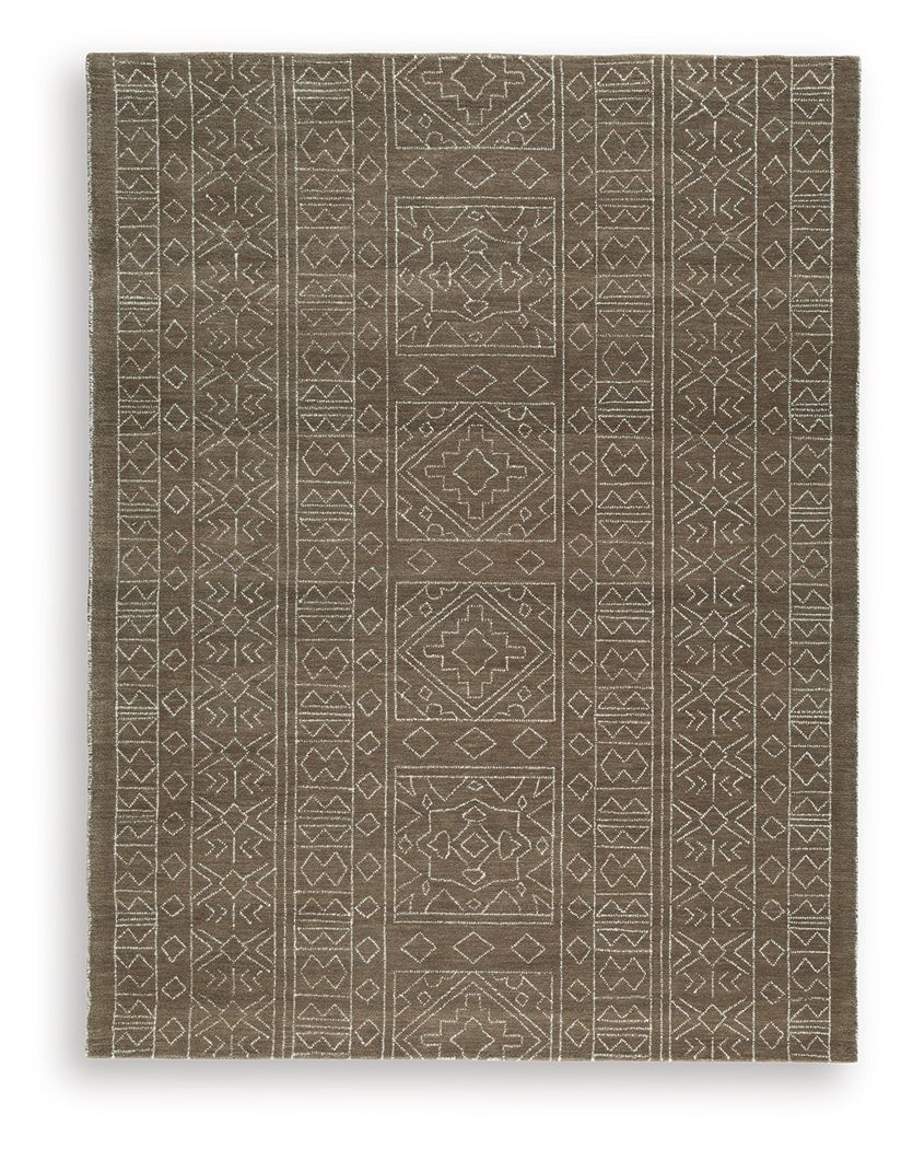 Geometric area rug in dark brown with light beige motifs and patterned border