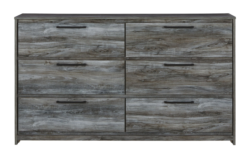 Gray six-drawer dresser with flat panels and horizontal bar drawer pulls