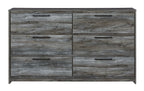 Gray six-drawer dresser with flat panels and horizontal bar drawer pulls