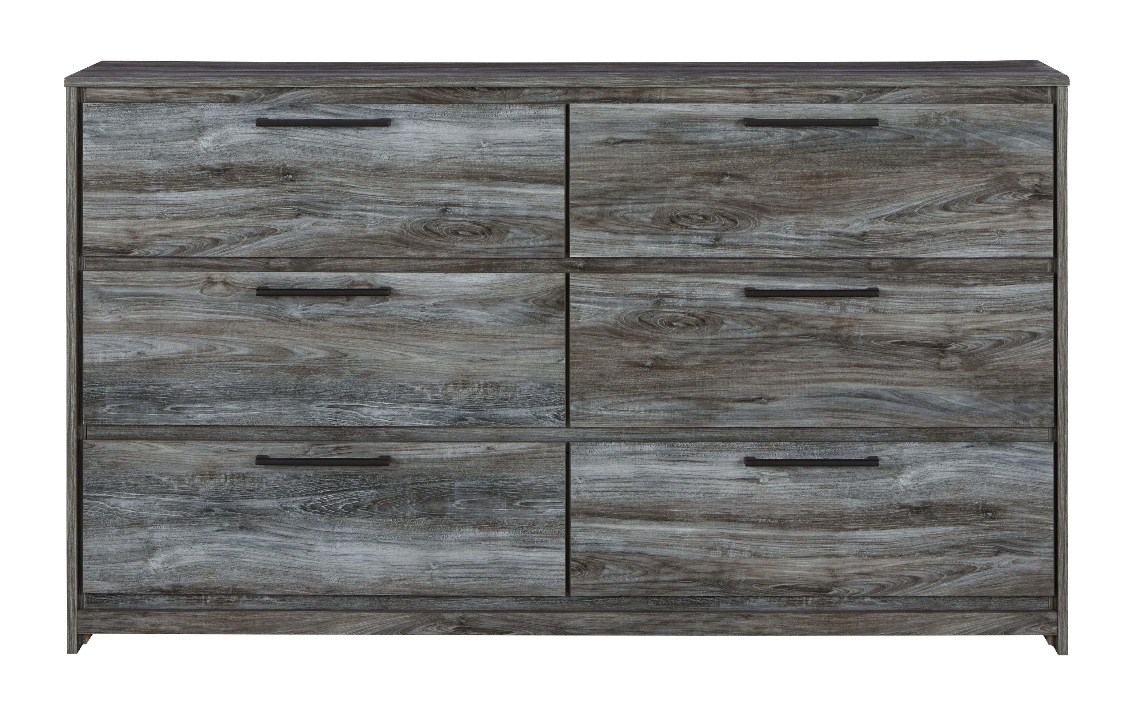 Gray six-drawer dresser with flat panels and horizontal bar drawer pulls