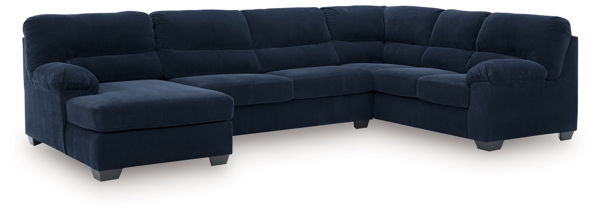 Navy sectional sofa with left-facing chaise, three-piece corner configuration
