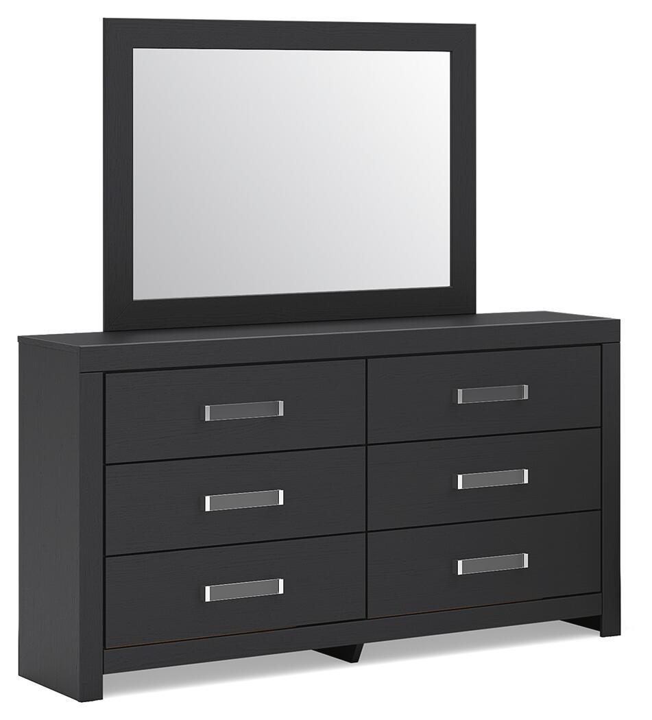 Black dresser with attached mirror and four drawers with silver bar pulls