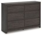 Charcoal six-drawer dresser with two-column drawer fronts and a flat tabletop