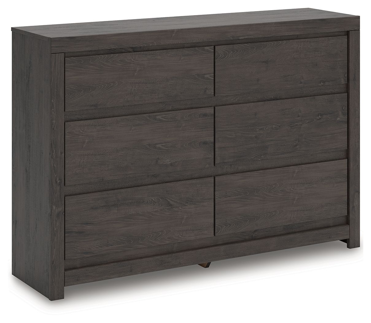 Charcoal six-drawer dresser with two-column drawer fronts and a flat tabletop