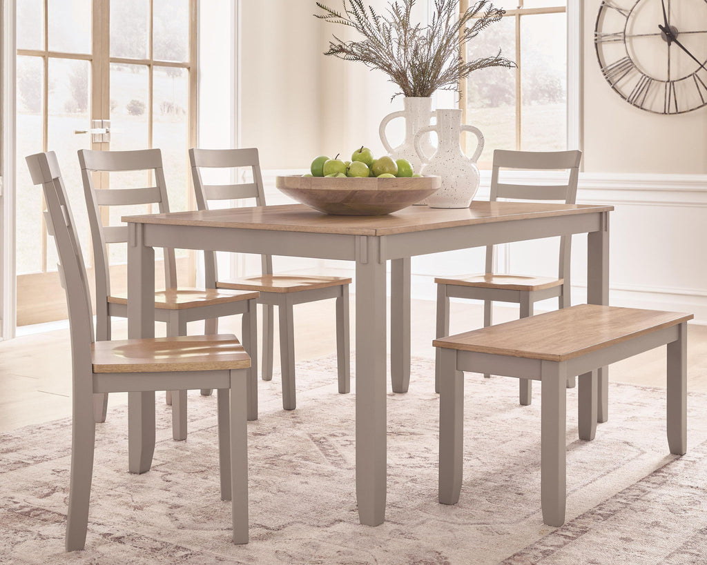 Dining table set with chairs and benches, light wood surfaces and gray frames