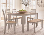 Dining table set with chairs and benches, light wood surfaces and gray frames