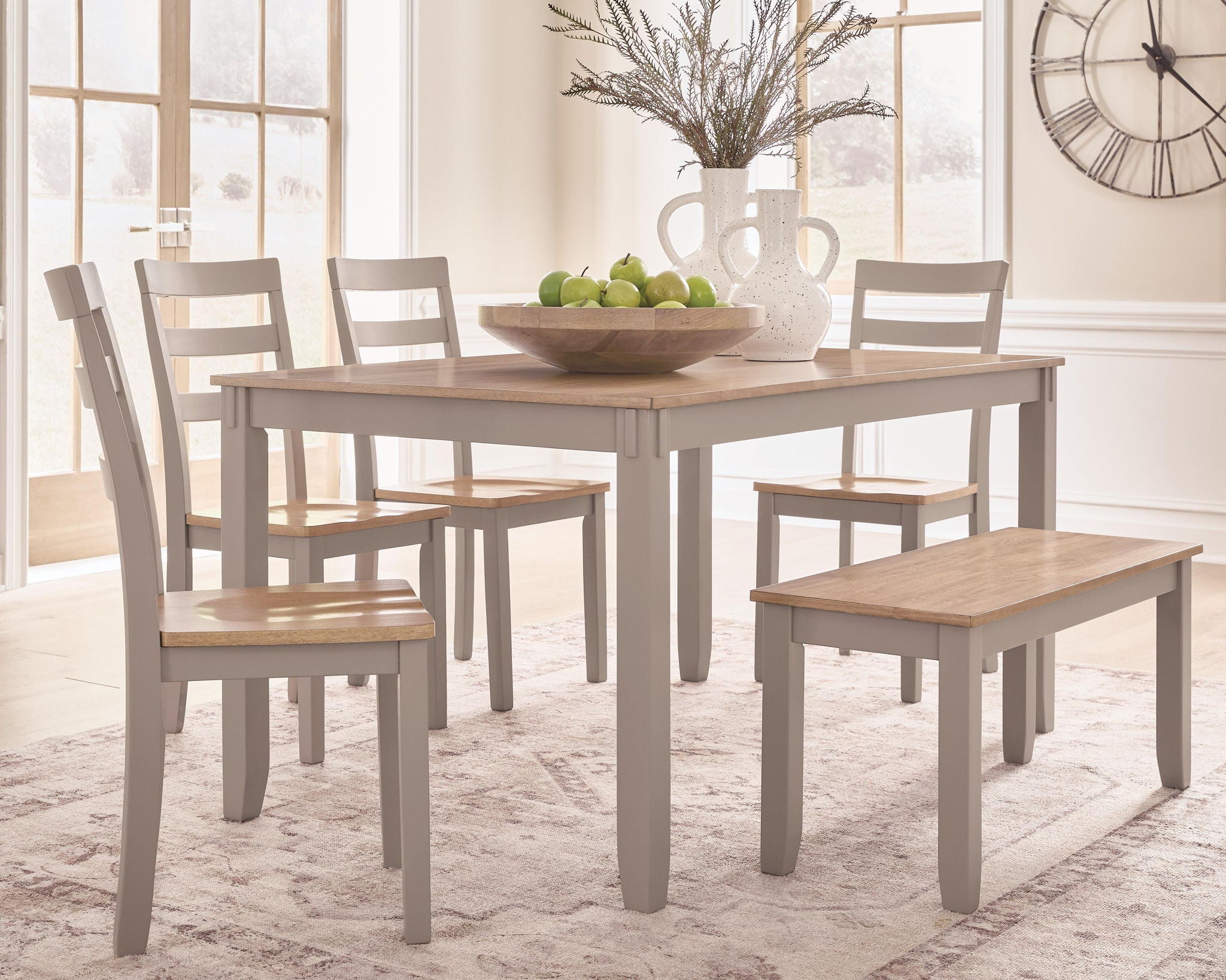 Dining table set with chairs and benches, light wood surfaces and gray frames