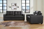 Black leather-look loveseat and recliner chair with tufted back cushions