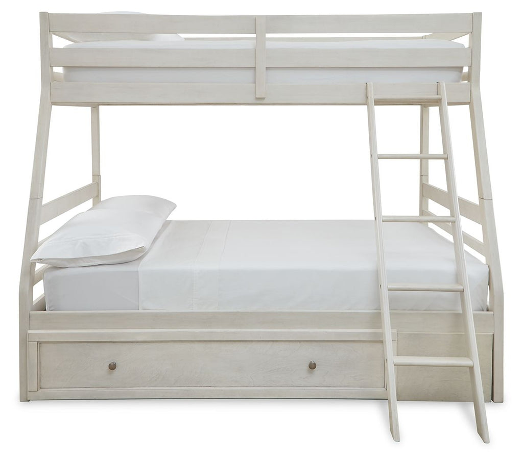 White bunk bed with storage drawer and ladder; two-tier guard rails