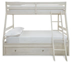 White bunk bed with storage drawer and ladder; two-tier guard rails