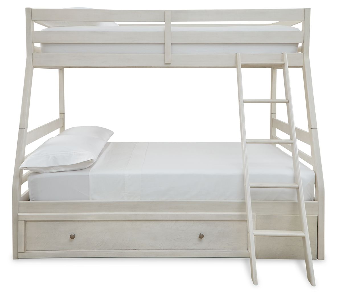 White bunk bed with storage drawer and ladder; two-tier guard rails